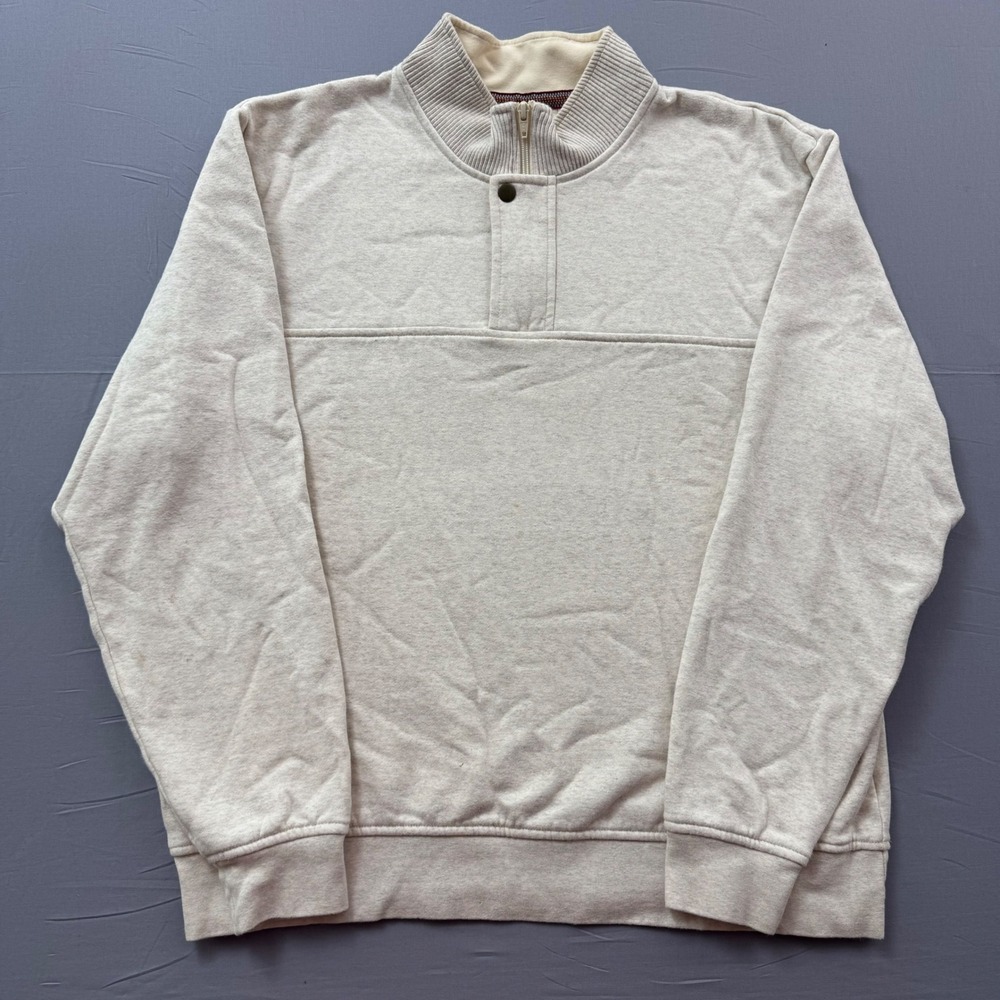 Orvis Mens XL Oatmeal Heather Quarter Zip Pullover Sweatshirt Snap Mock Neck